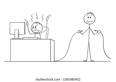 Cartoon stick figure drawing conceptual illustration of angry man or businessman working in office on computer, another man is holding unplugged Internet network or electric power cable.