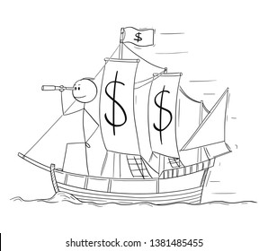 Cartoon stick figure drawing conceptual illustration of man or businessman standing as captain on the deck of sailing boat with dollar currency symbols and looking through spyglass. Business concept