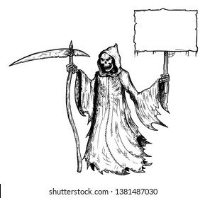 Cartoon stick figure drawing conceptual illustration of grim reaper with scythe and in black hood holding empty sign for your text.