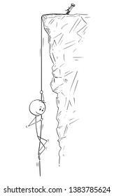 Cartoon stick figure drawing conceptual illustration of mountain climber or man or businessman abseiling or roping down the rock or cliff on the rope.