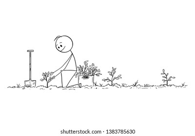 Cartoon stick figure drawing conceptual illustration of man planting small trees as forest for future, nature, environmental and ecology concept.
