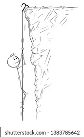 Cartoon stick figure drawing conceptual illustration of mountain climber or man or businessman climbing the mountain, rock or cliff. Extreme sport illustration.