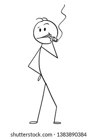 Cartoon stick figure drawing conceptual illustration of smiling overconfident man posing and smoking big cigar.