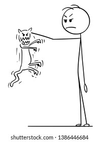 Cartoon stick figure drawing conceptual illustration of man holding in hand angry and aggressive cat trying to bite and scratch him.