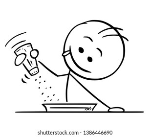 Cartoon stick figure drawing conceptual illustration of happy hungry man holding salt shaker and using pepper, salt or spice on food or soup.