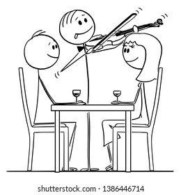 Cartoon stick figure drawing conceptual illustration of loving couple of man and woman sitting behind table in restaurantwhile violinist is playing romantic music.