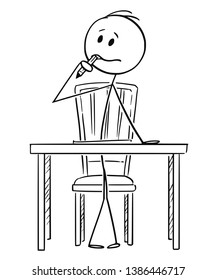 Cartoon stick figure drawing conceptual illustration of man sitting behind office desk and trying to write something and thinking hard with pencil in mouth.