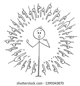 Cartoon stick figure drawing conceptual illustration of shocked man and many hands and fingers pointing at him as metaphor of selection or blame.