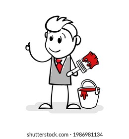Cartoon stick figure drawing conceptual illustration of businessman artist holding brush in paint. Smiling stickman painter with brush and paint bucket is ready to get to work. He wants to creativity.