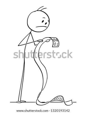 Cartoon stick figure drawing conceptual illustration of frustrated man reading very long todo or to do list or checklist.