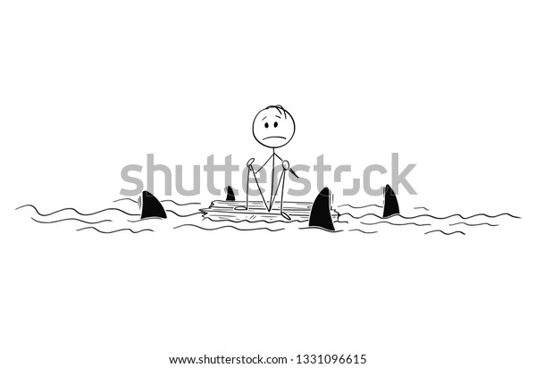 Cartoon Stick Figure Drawing Conceptual Illustration Of Lonely Man Or Castaway Sitting Lost And