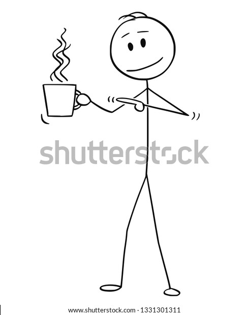 Cartoon stick figure drawing conceptual illustration of man holding cup