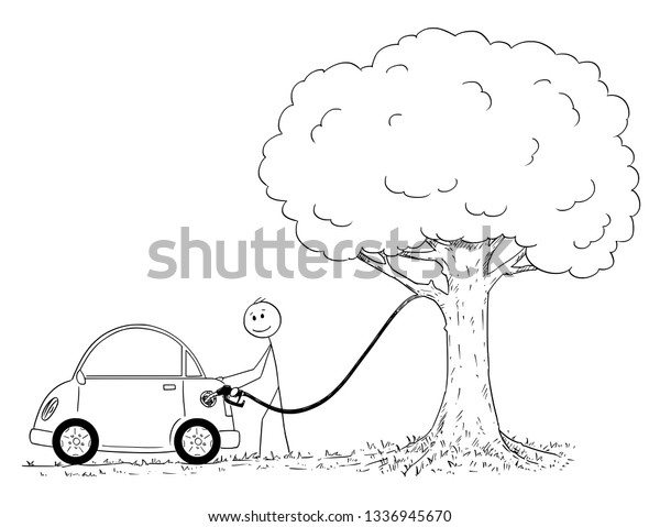 Cartoon stick figure drawing conceptual\
illustration of man refueling or fueling car from tree.\
Environmental concept of ecological power source for\
cars.