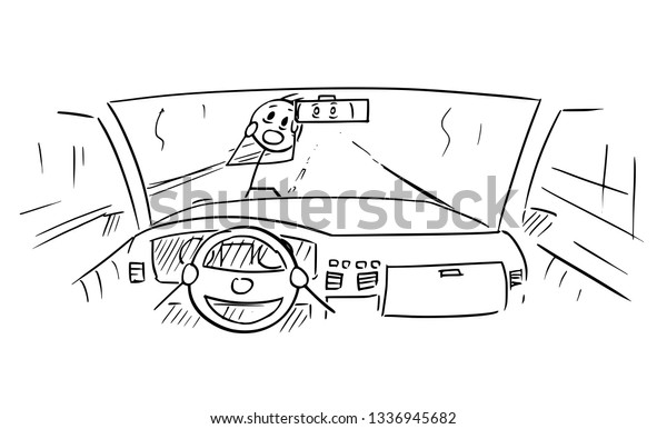 Cartoon stick figure drawing conceptual\
illustration of car dashboard and driver\'s hands on steering wheel\
while pedestrian is almost run down in\
accident.