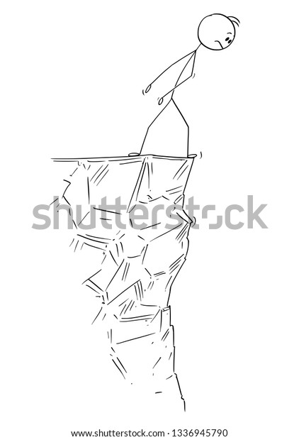 Cartoon\
stick figure drawing conceptual illustration of man or businessman\
looking cautiously over the edge of the\
cliff.