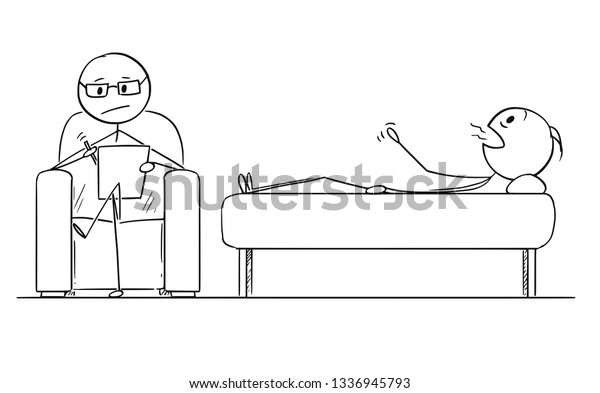 心理的または精神的な検査の間 ベッドに寝転がり 肘掛け椅子に座る医師のコンセプト的なイラストを描いた漫画のスティックの図 のベクター画像素材 ロイヤリティフリー