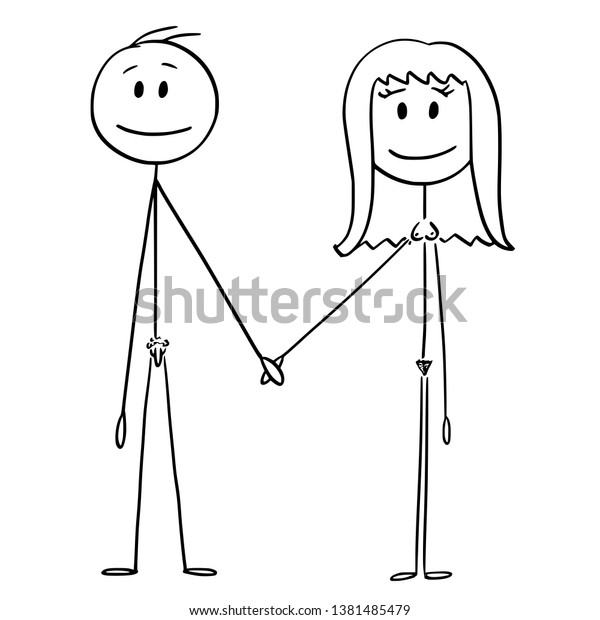 Cartoon Stick Figure Drawing Conceptual Illustration Of Front Of Naked Or Nude Human Pair Of Man 0453