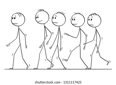 Cartoon stick figure drawing of group of men or businessmen walking together as team.