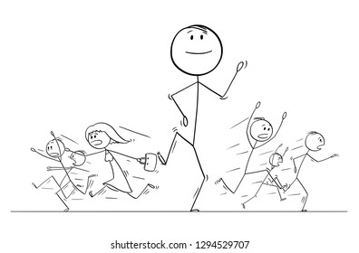 Cartoon Stick Figure Drawing Illustration Of Group Or Crowd Of People Running In Panic Away From Giant Walking Man. Metaphor Of Ego, Egoism And Confidence.