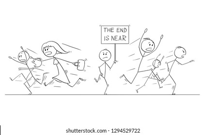Cartoon Stick Figure Drawing Illustration Of Group Or Crowd Of People Running In Panic Away From Man Walking With The End Is Near Sign.