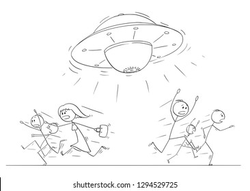 Cartoon stick figure drawing illustration of group or crowd of people running in panic away from UFO or alien space ship.