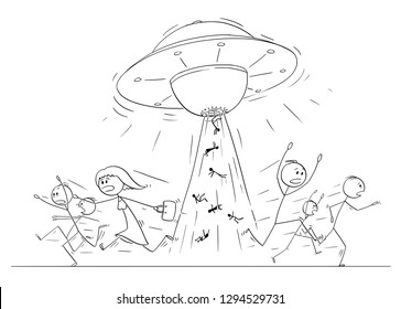 Cartoon stick figure drawing illustration of group or crowd of people running in panic away from UFO or alien space ship abducting human beings in ray of light.