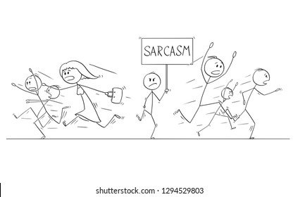 Cartoon Stick Figure Drawing Illustration Of Group Or Crowd Of People Running In Panic Away From Man Walking With Sarcasm Sign.