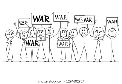 Cartoon stick figure drawing or illustration of group or crowd of protesters demonstrating with War text on signs.