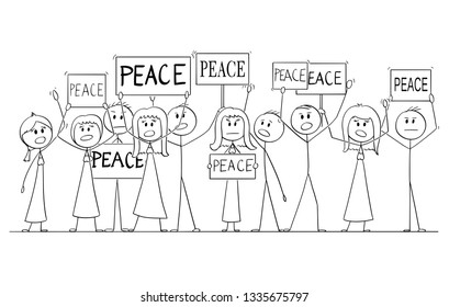 Cartoon stick figure drawing or illustration of group or crowd of protesters demonstrating with Peace text on signs.