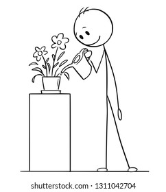 Cartoon stick figure drawing of man with can watering flower in pot or flowerpot.