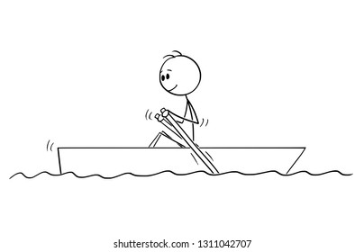 Cartoon stick figure drawing of man paddling in small boat with paddles on water.