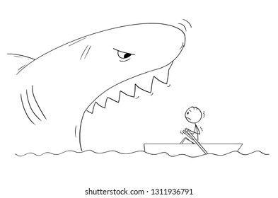 Cartoon stick figure drawing of man in small boat and dangerous giant shark with open mouth ready to devour him.