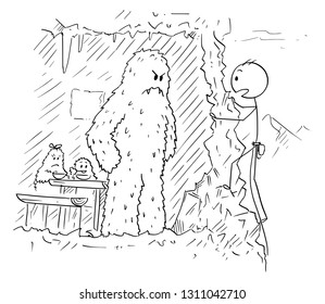 Cartoon stick figure drawing of mountain climber, alpinist or mountaineer who found cave with yeti family while climbing.