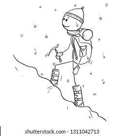 Cartoon stick figure drawing of mountain climber, mountaineer or alpinist walking with equipment uphill in snow.