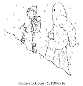 Cartoon stick figure drawing of mountain climber, mountaineer or alpinist walking with equipment uphill in snow followed by yeti or abominable snowman.