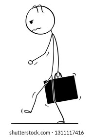 Cartoon stick figure drawing of sad or depressed man or businessman with briefcase walking and thinking about trouble or problem.