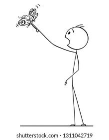 Cartoon stick figure drawing of surprised man watching beautiful butterfly sitting on finger on his stretched hand.