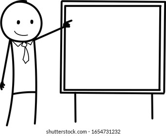 Cartoon Stick Figure Explaining Conceptual Illustration Of Man Or Businessman Holding Empty Board And Pointing At It,  Vector Isolated