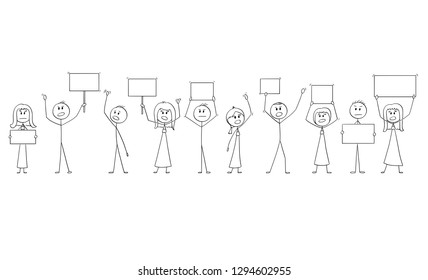 Cartoon stick figure isolated drawing or illustration of group or crowd of protesters protesting with empty signs ready for your text.