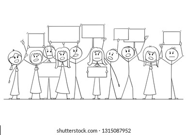 Cartoon stick figure isolated drawing or illustration of group or crowd of protesters protesting with empty signs ready for your text.