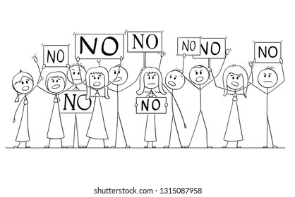 Cartoon stick figure isolated drawing or illustration of group or crowd of protesters protesting with No signs.