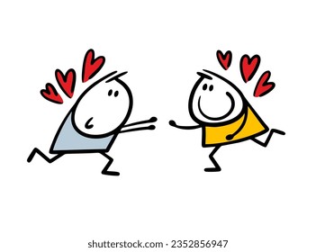 Cartoon stick figure man and  woman, arms outstretched, run to hug each other. Vector illustration of the great love of stickman and hearts. Funny doodle character isolated on white background.