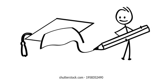 Cartoon Stick Figures Draws A Hat. Graduate Cap. Pencil Line Pattern. Stickman   With Mortar Board Symbol. Flat Vector Congratulate Or Felicitate Banner For School Or Work. Diploma Education Sign.