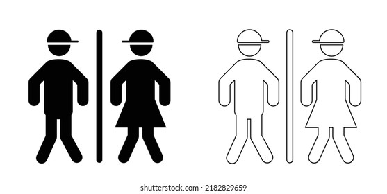 Cartoon, stick figures or stickman and toilet logo. Restroom or bathroom for man and woman to peeing. Human toilets. Vector WC pictogram, icon or sign. Need to pee urgently. urine disorder, prostate.