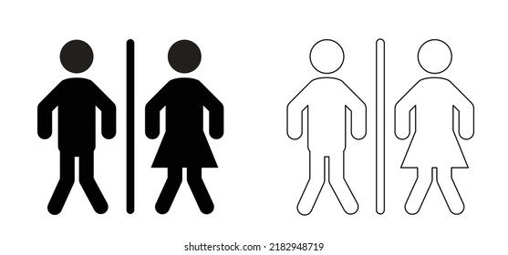 Cartoon, stick figures or stickman and toilet logo. Restroom or bathroom for man and woman to peeing. Human toilets. Vector WC pictogram, icon or sign. Need to pee urgently. urine disorder, prostate.
