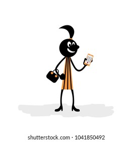 Cartoon stick girl with smartphone.
