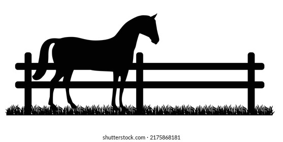 Cartoon stick horse symbol. Horses icon or logo. Horse on the farmer ranch. farm horses grazing behind wooden fence. farm animals. Wooden fence paddock. livestock