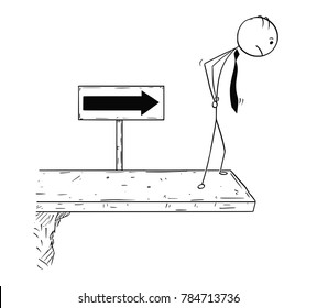 Cartoon stick man concept drawing illustration of businessman standing on the end of the road or bridge. Concept of break of the business career.