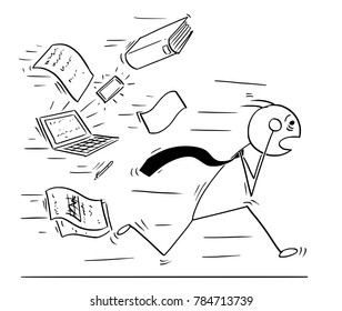 Cartoon stick man concept drawing illustration of overworked tired businessman running away chased by office paper work. Concept of business overworking stress.