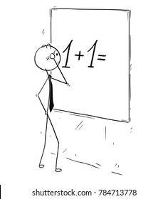 Cartoon stick man concept drawing illustration of businessman looking and calculating on wall board.